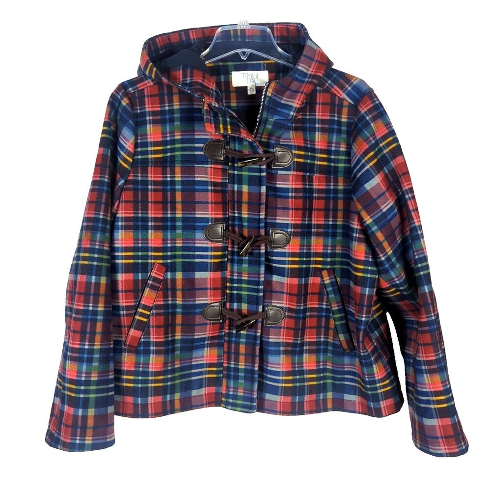 Time and True Plaid Crop Pea Coat Hooded Women Size XL 16 18 Blue Red Jacket